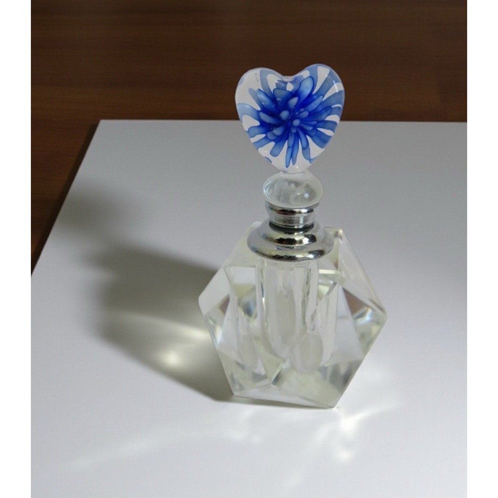 Heavy Crystal‎ Perfume Bottle Faceted Cut Lead Crystal Dauber Blue Floral Heart